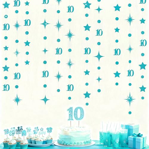 Image of Teal Blue 10th Birthday Decorations Number 10 Circle Dot Star Garland Glitter Streamer Banner Backdrop for Girls Boys Double Digits Cheers to 10 Years Old Birthday 10th Anniversary Party Supplies