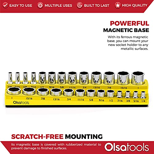 Image of Olsa Tools Magnetic Socket Organizer - 3 /8-Inch Drive SAE Socket Holder with Strong Magnets - Professional Tool Holder and Organizer - Stores up to 16 Sockets - Yellow - Part: 1350