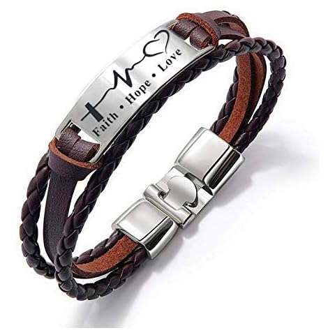 Kooer Personalized Leather Classic Braided Rope Bracelet Custom Stainless Steel Engraved Bangle Unisex Gift, 9", Metal, bar Cover