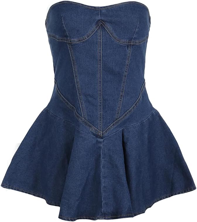 Women's Strapless Summer A-Line Denim Mini Dress Plated Bustier Corset Outfit Casual Lightweight Fashion - Image 6