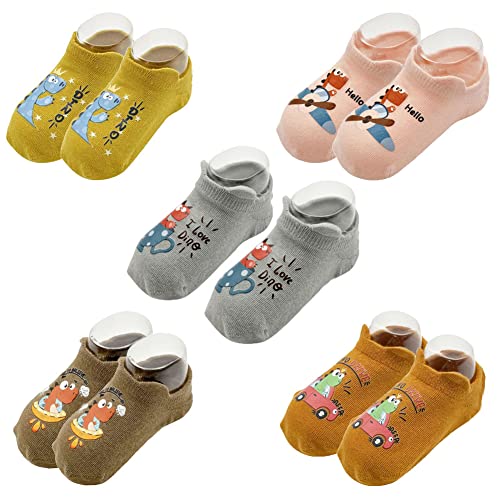 FedMois 5 Paar Baby Kleinkinder ABS rutschfeste Socken Sneaker Socken unsichtbar Baumwolle, Dinosaurier 2, 5-7 Jahre (Herstellergröße L) Cover