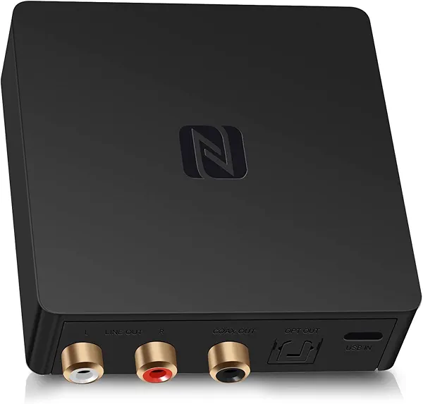 BluDento B1 Bluetooth Stereo Receiver,aptx LL, Hi-Fi V5.1 Audio Receiver, TI DAC for Analog Stereo RCA Output with Long Range, Digital Coaxial and Optical Output with NFC