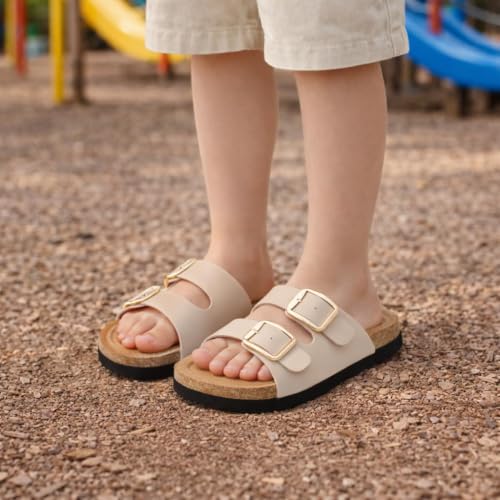Image of Project Cloud Kids Sandals 100% Genuine Leather - Natural Cork Footbed Non-Slip Slides for Kids - Lightweight Boys & Girls Sandals - Water-Resistant Girls & Boys Sandals