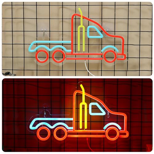 Image of CoolGift Mart Truck Neon Sign, Dimmable LED Vehicle Neon Wall Light USB Powered with 3-Color Lights, for Bedroom Home Man Cave Garage Birthday Gift for Boys Men