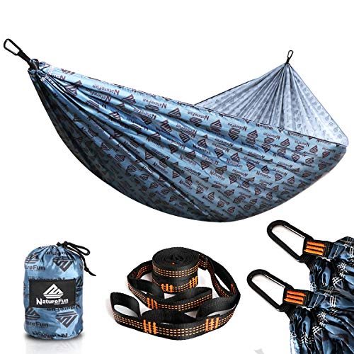 NATUREFUN Hamaca Ultraligera para Camping | 300 kg de Capacidad de Carga(275 x 140 cm) | Transpirable y de Secado rápido Hamaca | 2 Mosquetones Premium, 2 Eslingas Incluidas | Al Aire Libre Interior