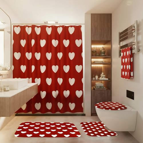 Hahafelt 5 Pcs Mother's Day Shower Curtain Set with Towels Non Slip Rugs Toilet Lid Cover U Shaped Bath Mat and 12 Hooks, Love Heart Shape Red Bathroom Supplies for Mother's Day Bathroom Decor by Hahafelt - Image 4