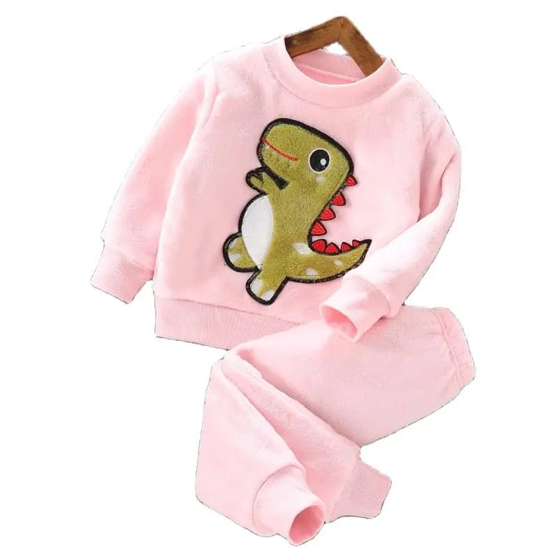 Image of Bold N Elegant Kids Dinosaur Thick Warm Fleece Fur T-Shirt Sweatshirt Joggers Pant Winter Coord Set for Baby Boy Girl