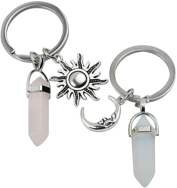 Amosfun Key Holder Keyring 2pcs Moon and Sun Keychains Charms Couples Sisters BFF Keychains Hexagonal Healing Crystals Stones Keychains Wedding Valentines Day Gifts