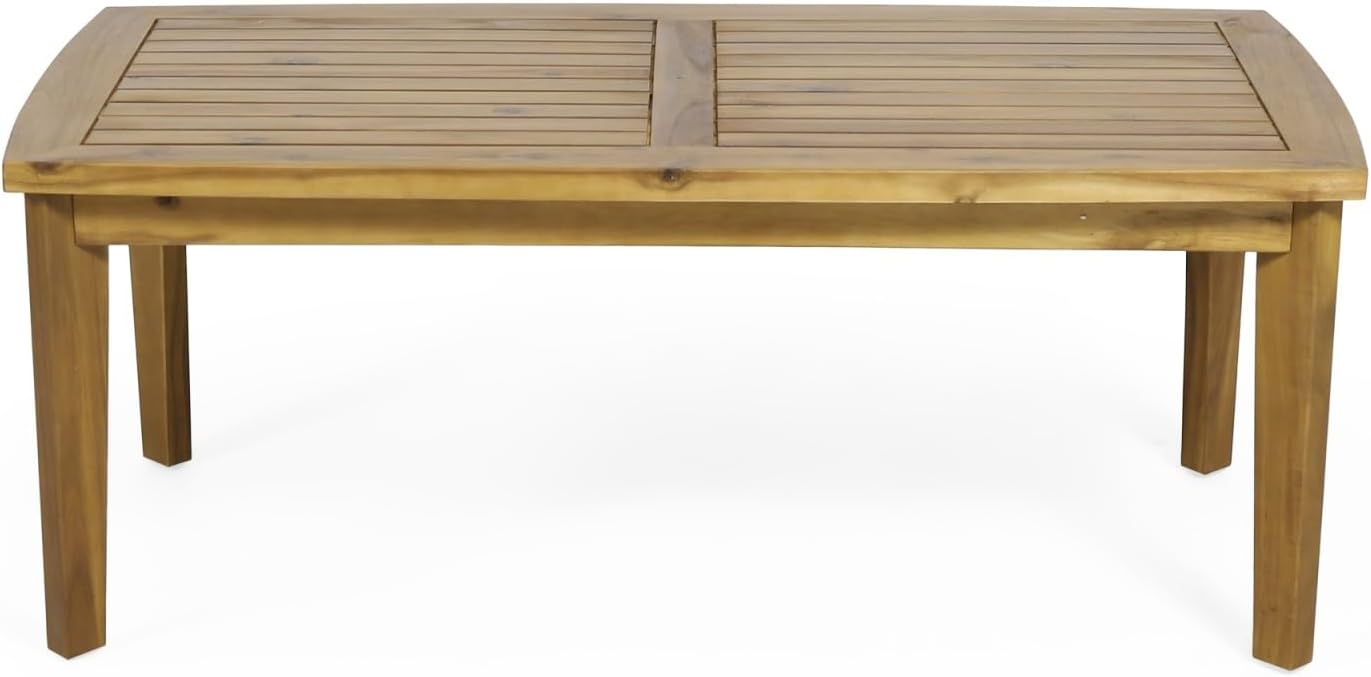 Outdoor Acacia Wood Rectangular Coffee Table, Teak Finish, 43.25" W x 23.50" D x 17.00" H, Slat Panel Design, Weather Resistant for Porch, Garden, Backyard