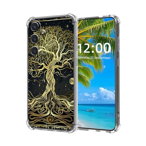 ETLKJVBL for Samsung Galaxy S24 FE Case, Ancient Gold Tree High-Definition Painted Back Cover with Soft Transparent TPU Bumper, Shockproof Protective for S24 FE Phone Case