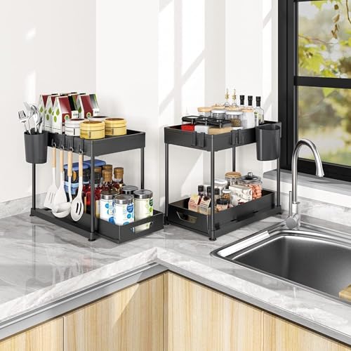 Image of Under Sink Organizer Rack Adjustable 2-Tier Shelf for Kitchen Cabinet, Expandable Storage Rack with Removable Panels,Professional for Kitchen Bathroom