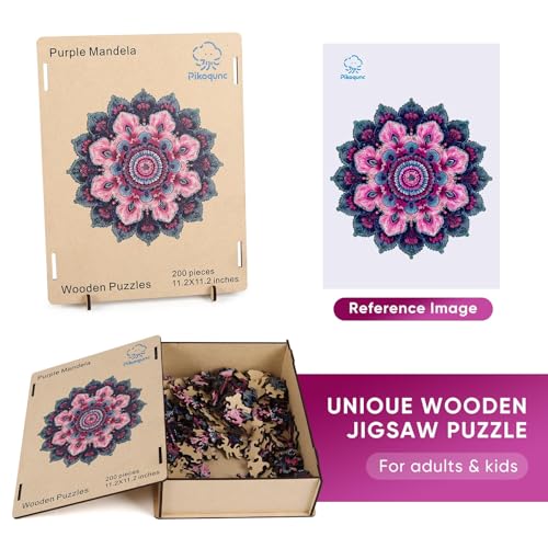 Pikoqunc Wooden Puzzles Mandala Purple Flower Rompecabezas de Madera con 205 Piezas | Piezas Únicas, Juego de Desafío para la Familia 11.2"x11.2" miniatura 6