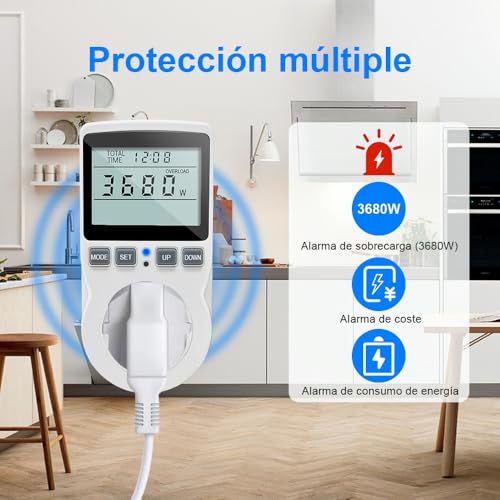 Miniatura 3 de Ketotek Medidor De Consumo Electrico, Enchufe Medidor De Energía, Monitor De Electricidad Con Pantalla Lcd 11 Modos, Protección Contra Sobrecarga 3680w 16a