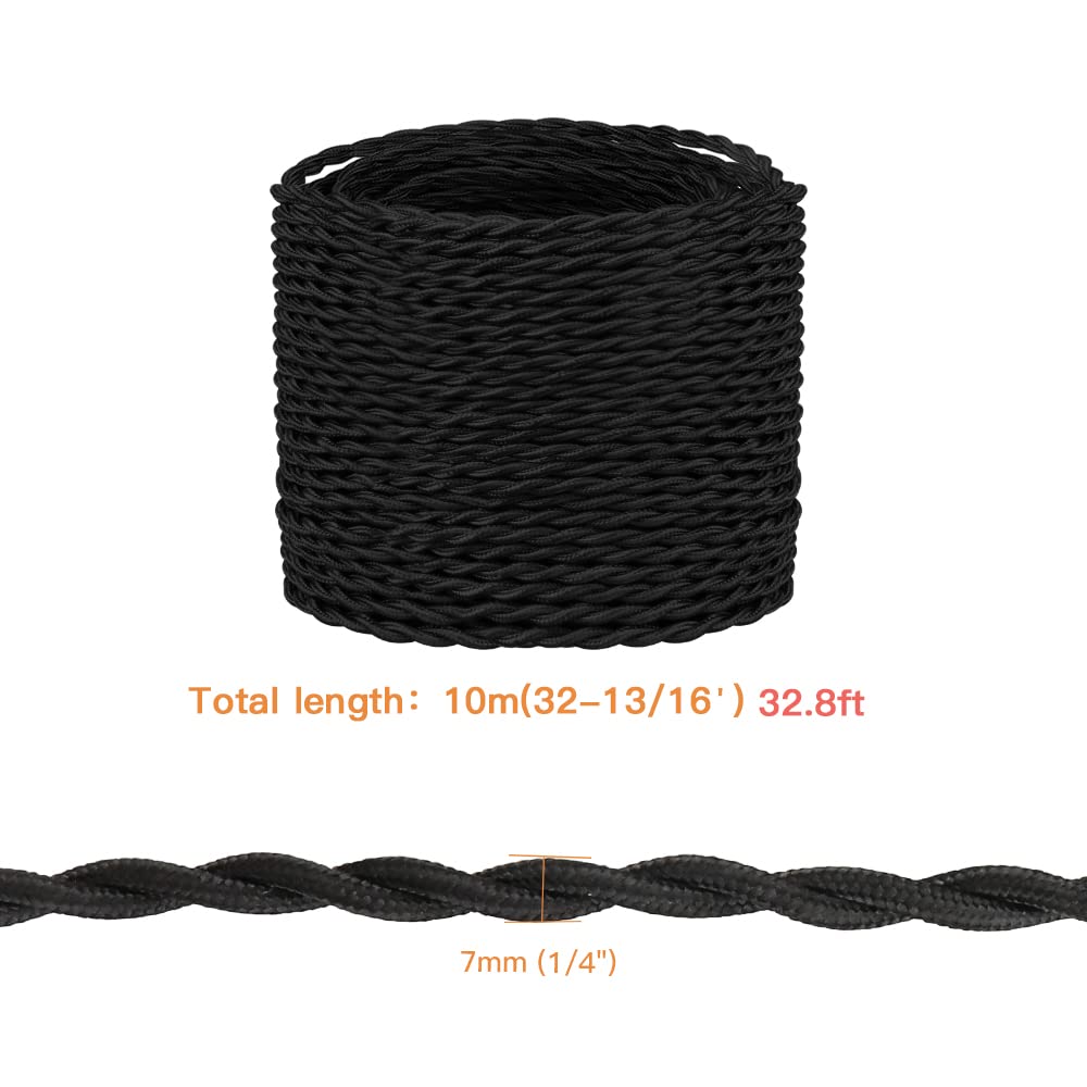 Helunsi 32.8ft Twisted Cloth Covered Wire - Black 18/2 Electrical Wire, 18 Gauge 2-Conductor Fabric Lamp Cord for DIY Projects