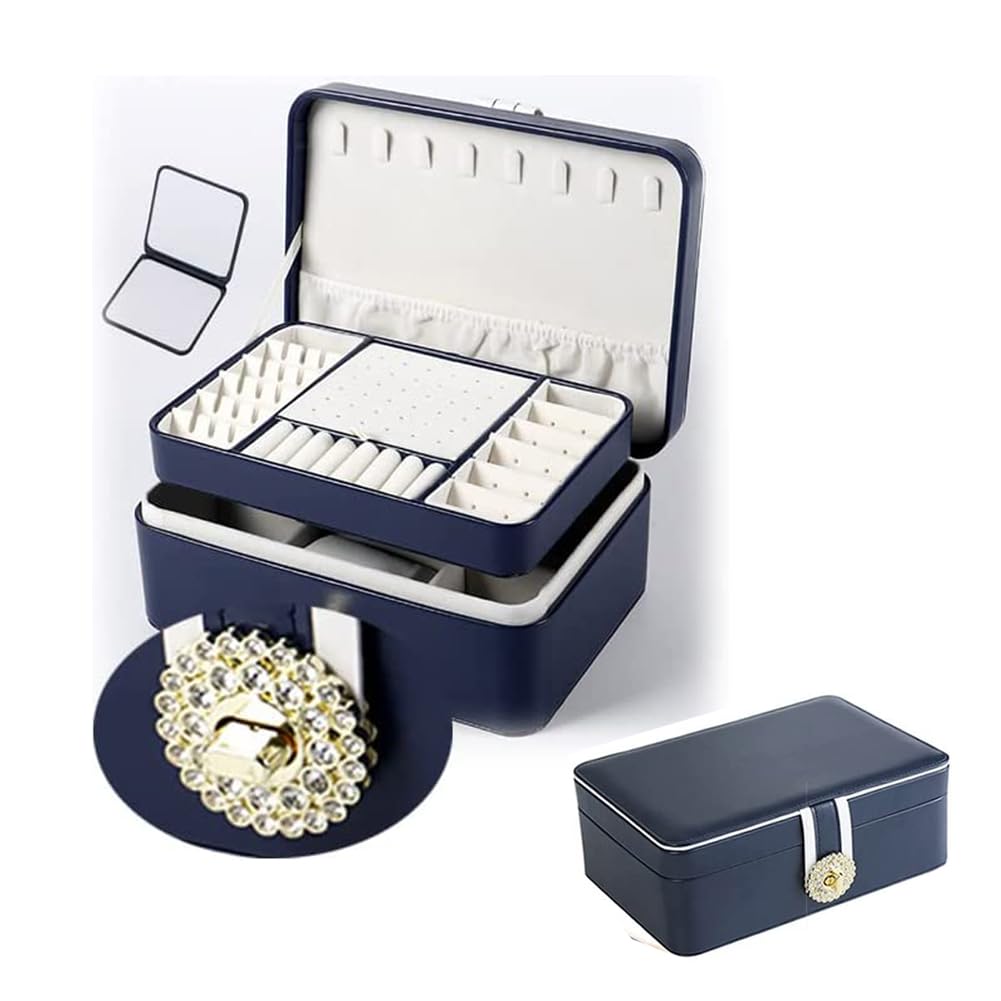 2 Layer Large Jewelry Box With Lock - PU Leather Travel Organizer With Removable Tray For Rings, Necklaces, Watches