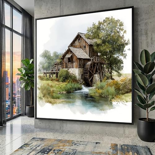 Tableau sur toile moulin à eau avec cadre intérieur en bois pour salon élégant