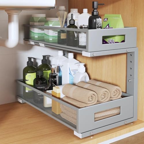 Image of 1 Pack 19IN Depth Under Sink Organizer, 2-Tier Pull Out Cabinet Organizer With Smooth Circular Rail, Large Capacity Metal Mesh Sliding Drawers For Bathroom& Kitchen Storage,Height Adjustable-Gun Gray