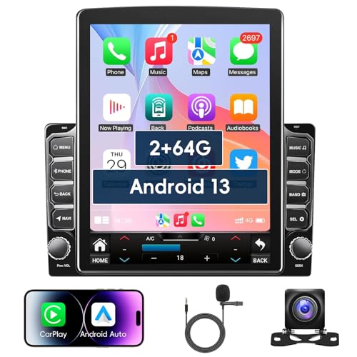 2G 64G Android 13 Double Din Car Stereo with Wireless Carplay Android Auto, 9.7 inch Touch Screen Head Unit Radio, Hi-Fi/Bluetooth/SWC/GPS Navigation+ AHD Backup Camera Mic
