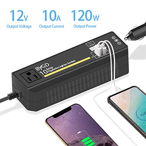 AC to DC Converter, 100-240V to 12V 10A Power Adapter with Cigarette Lighter Socket and Voltage Display, 2 USB Ports & Type-C, Power Converter for Car Vacuum Cleaner, Car Refrigerator, Inflate Pump