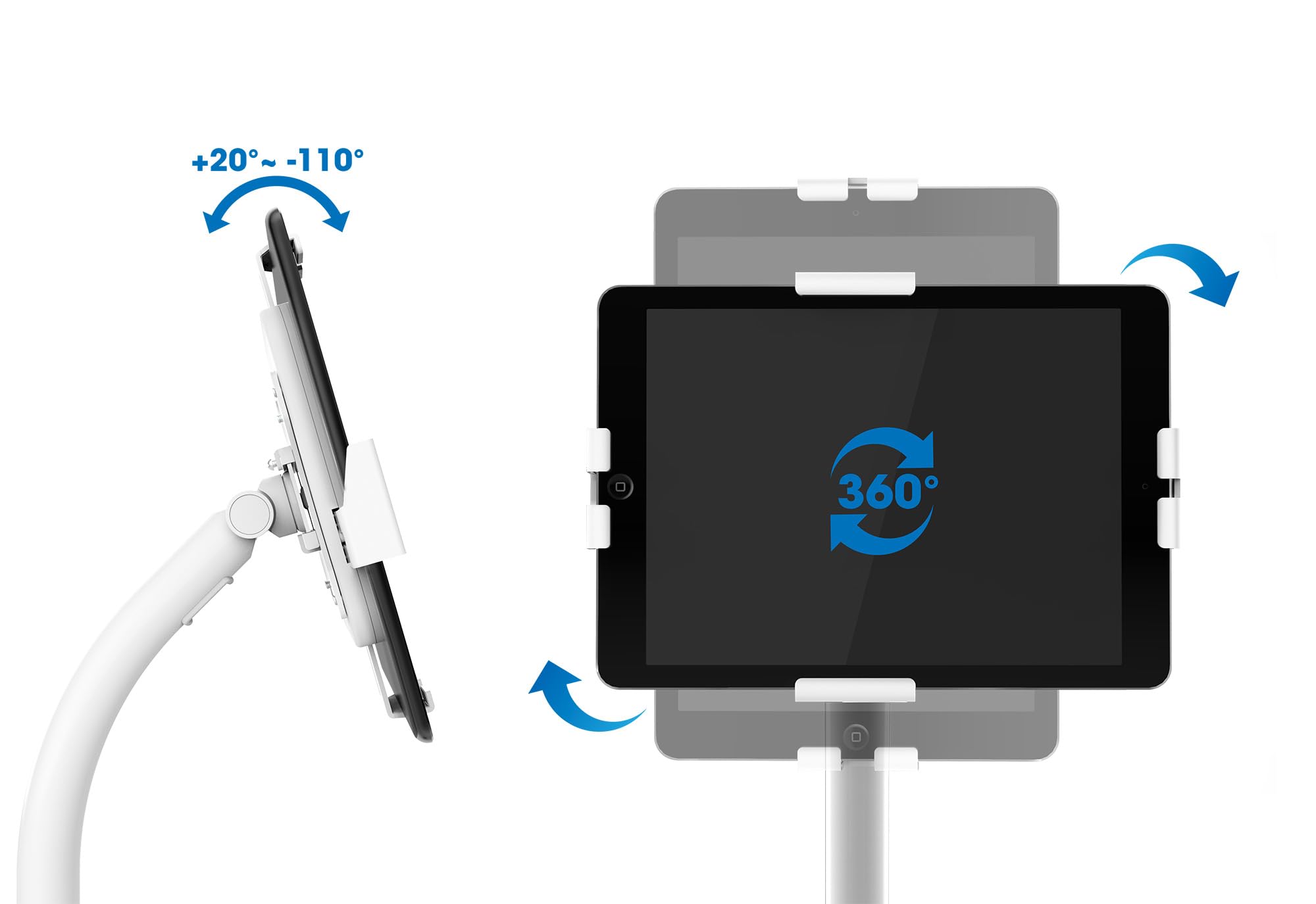 Manhattan Supporto da tavolo antifurto con supporto per tablet e iPad, per tablet da 7,9" a 11", girevole a 360°, inclinabile da 20° a -110°, autoportante, bianco, 406352