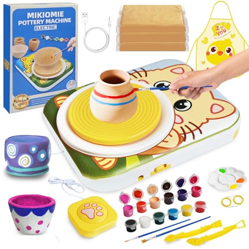 Mikiomie Electric Pottery Wheel for Beginners with Foot Pedal, 3 Clay Packs(1.7lbs Total), Apron, Painting & Carving Tools, Arts and Crafts Toys Art Supplies, Gifts for Birthday Christmas