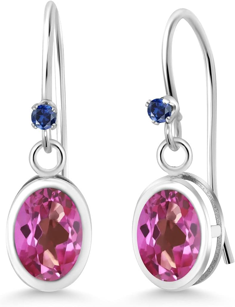 Gem Stone King 925 Sterling Silver Pink Mystic Topaz and Blue Created Sapphire French Wire Earrings For Women (1.92 Cttw, Gemstone, Oval 7X5MM, Round 1.25MM)