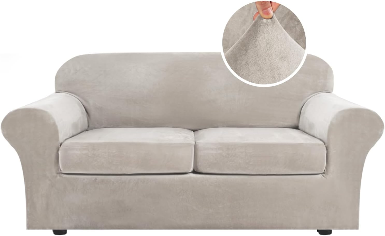 LINGKY Velvet Sofa Cover 2 Seater With 2 Separate Sofa Seat Cushion Covers, Stretch Couch Cover Non-Slip Sofa Slipcovers for Living Room Furniture Protector (Oatmeal,Large 2 Seater)