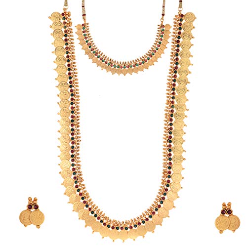 Image of ZENEME Jewellery Set Gold Plated Long Traditional Maharani Beads Studded Temple Coin Necklace Set with Earrings Jewellery For Women & Girls