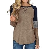 Camiseta de manga larga con cuello redondo para mujer, estampado a rayas, blusas de salón, blusas para mujer, color bloque, patchwork, multicolor, camiseta informal cómoda y cálida para mujer, café, M