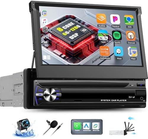 OiLiehu 6G+128G 8-Core Android 15 Single Din Car Stereo Wireless CarPlay Android Auto, 7'' Flip Out Touchscreen with WiFi GPS Mirror Link Bluetooth 5.0 FM AM RDS DSP EQ SWC USB SIM-Slot Backup Camera
