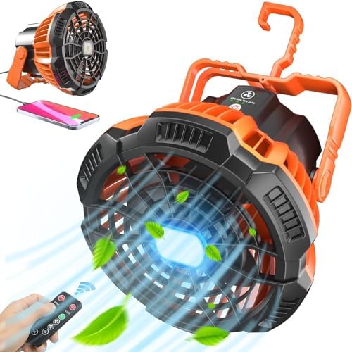 7800mAh Camping Fan with LED Lantern, Ceiling Tent Fan with Remote Control, Power Bank, Battery Operated USB Rechargeable Fan, 180°Head Rotation Outdoor Portable Fan for Fishing, Outdoor, Office