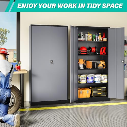Image of SISESOL Metal Storage Cabinet with 2 Doors and 5 Shelves,Gray Metal Cabinet with Lock,71 inch Lockable Garage Storage Cabinets,Locking Steel Cabinets for Home,Office,Garage,School