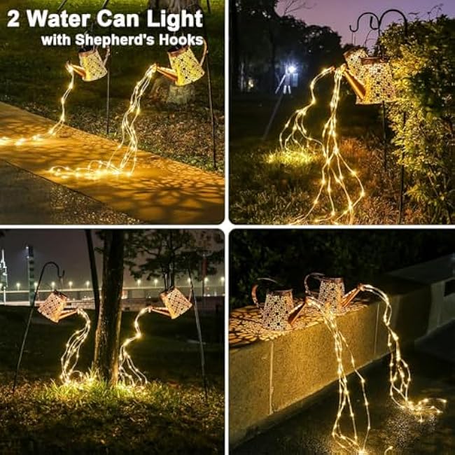 2 Pack Solar Watering Can Lights with Shepherd Hook,Solar Powered Watering Can Light, Waterproof Outdoor Garden Hanging Decoration(Classic).