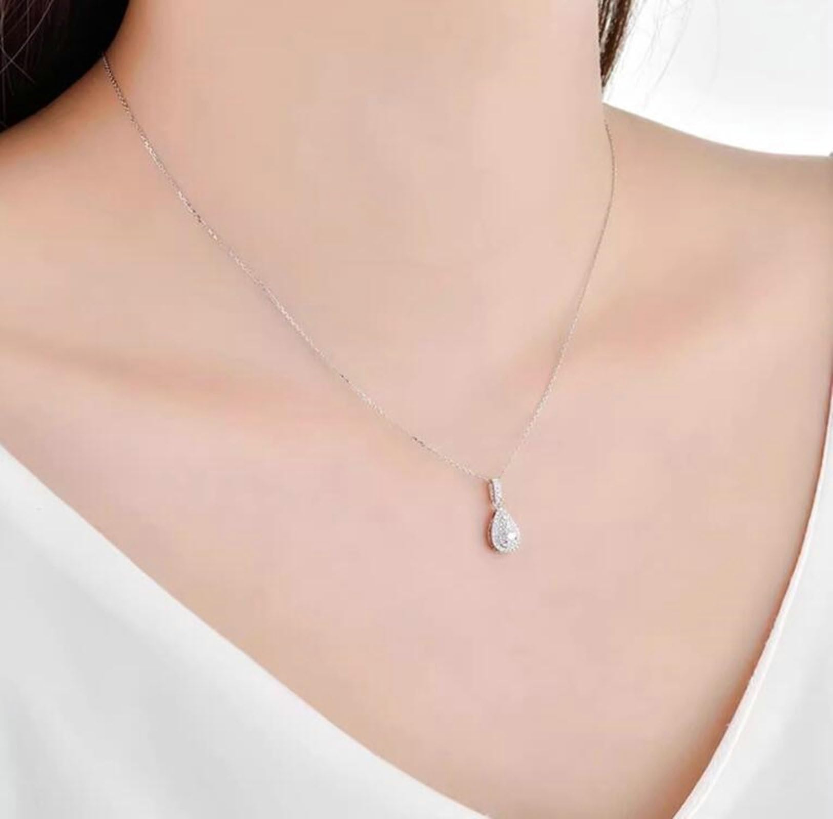 Kette Rosegold 18K mit birnenförmigem Diamanten von 0,15 ct, Kette Damen Weißgold für Freundin| 9 14 18K Weißgold Platin | Trendiger Modeschmuck für Hochzeit