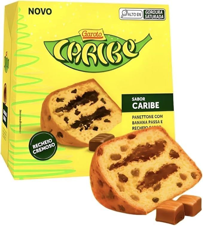 Panetone Caribe Garoto, Sabor Banana Passa e Chocolate, Fermentação Natural, 450g, Novidade Natal