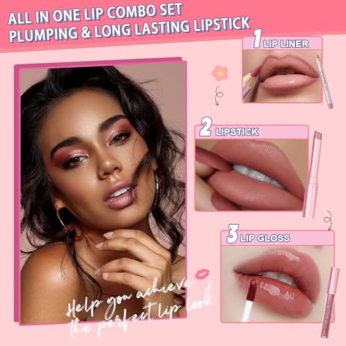Desing Wish 3 Piezas Pintalabios Permanente Perfilador Labios Rosa Brillo Barra de Labios Labiales Mate Larga Duracion Labial Delineador Labios Lip Tint Lip Liner Mujer Regalo Maquillaje Kit - imagen 2