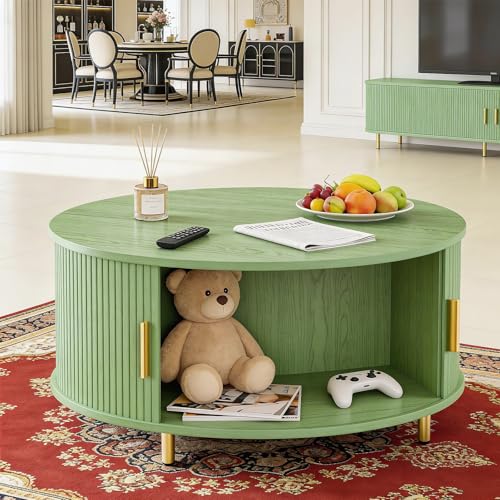 Image of DHH Round Coffee Table, 31.5 inch Mid Century Modern Coffee Table with 360 Sliding Tambour Door, Fluted Accent Table with Storage Adjustable Footpads for Living Room (Green)