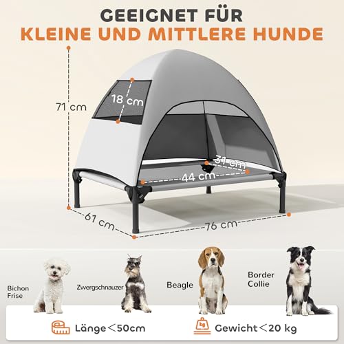 PawHut Hundeliege Outdoor mit Dach, Erhöhtes Hundebett für Mittelgroße Hunde, Kühlendes Haustierliege mit Waschbares Mesh Stahlrahmen Tragtasche, Haustierbett für Draußen Camping 76x61x71cm, Hellgrau