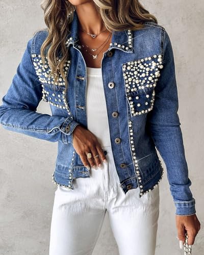 LifeShe Women's Pearls Denim Jacket Cropped Rhinestones Jean Blazer Coat4