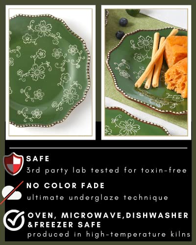 Kunaboo Artisanal Small Ceramic Plates, Salad Plates, Dessert Plates Ceramic Plates Set Of 6-7.5” - Sakura Floral Series Pine Green - Ready To Wrap Gift #TOP2