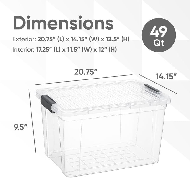 superio clear storage boxes with lids, 49 quart plastic container bins for organizing, stackable crates, bpa free, non toxic, odor free, organizers for home, office, school, and dorm, 2 pack 49 quart 2 pack