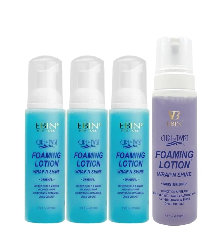EBIN NEW YORK Hair mousse – 3x Curl & Twist Foaming Lotion Original Travel Size Bundle with 1x Moisturizing Foaming Lotion Curl Definition, Shine & Frizz Control – Gift Set (4 Items)