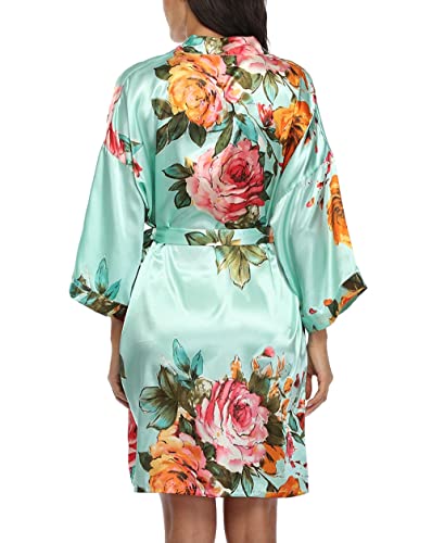 Image of VOGMATE Floral Silk Robes for Women Short Satin Kimono Bride Bridesmaid Robes Bathrobe