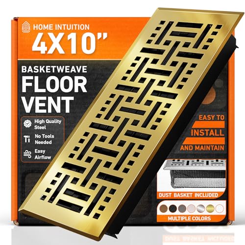 4X10 Floor Vent Covers Floor Register with Mesh Cover Trap, Heat and Air, Walkable Metal Floor Vent for HVAC Duct, Basketweave, Polished Brass