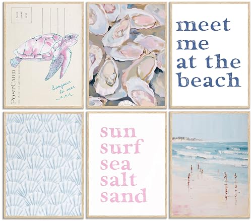 6Pcs Blue Beach Preppy Wall Art Pink Sea Turtle Canvas Coastal Prints Poster Watercolor Shells Oyster Wall Decor Granddaughter Aesthetic Room Painting Pictures for Girls Room Girls Dorm Unframed