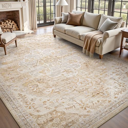 tchdio 5x7 Area Rugs for Living Room, Vintage Non Slip Washable Rug, Soft Low Pile Neutral Area Rug Large Floor Indoor Carpet for Bedroom, Dining Room, Office (Beige, 5'x7')