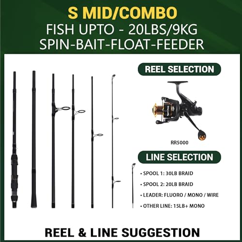 Rigged and Ready S MID Big Fish Hi-Carbon Reise-Angelrute. Kraftvolles Raubfisch-, Karpfen-, leichtes Meeres- und Süßwasserangeln + 2 Spitzen + Koffer. 320 cm (10,5') und 270 cm (8,85') Rutenoptionen