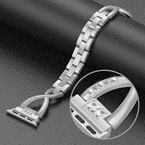 Image of Wearlizer Bling Compatible with Apple Watch Bands 42 /44 /45 /46 /49mm 2-color Tone Womens Strap X-Link Rhinestone Metal Wristband for iWatch Series 11 10 9 8 7 6 5 4 3 SE /Ultra 3 2 1 Silver