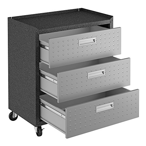 Image of Manhattan Comfort Fortress 3-Piece Textured Garage Storage Set, Includes Mobile Metal Cabinet Chests and Worktable, Space-Saving Design, 24-Gauge Metal, Lockable Wheels, 6.0 Series, Grey