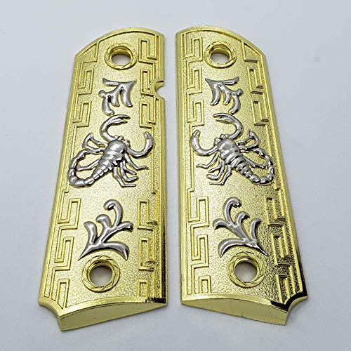 Tek_Tactical Scorpion Gun Grips 1911 Full Size Metal Grips for Colt Gov. & Clones Taurus, S&W, Springfield, Rock Island Full Size with Ambi Cut Silver/Gold